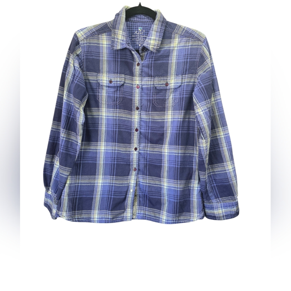 KUHL Purple Plaid Button Up Shirt Women's M 100% Cotton‎ Hiking Outdoor Gorpcore